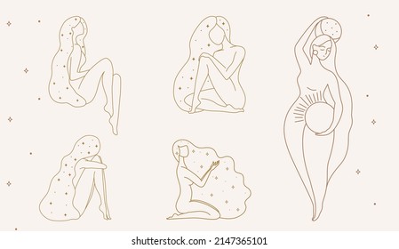 Set of logos in minimalistic linear style with beautiful esoteric female silhouette. For hairdressers, beauty salons, organic cosmetics, spas, prints, jewelry store.