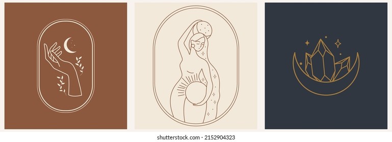 Set of logos in minimalistic linear style with beautiful esoteric female silhouette. For hairdressers, beauty salons, organic cosmetics, spas, prints, jewelry store.