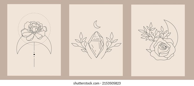 Un conjunto de logos en un estilo lineal minimalista. Cristales, luna y flores. Composiciones místicas. Elementos mágicos para el diseño