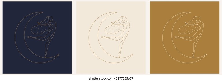 Set of logos in minimalistic linear style with beautiful esoteric female silhouette. For hairdressers, beauty salons, organic cosmetics, spas, prints, jewelry store.