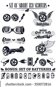 A set of logos for a modern and trendy self-balancing mini scooter without the handles and attributes for him. Bonus: enclosed in a gift set of eco batteries