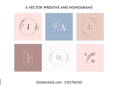 Set of Logos and monogram with Willow Tree Branch. Round floral frame in trendy minimal linear style. Abstract Feminine Vector Emblem for logo cosmetics, beauty Studio, jewelry, SPA, Organic cosmetics