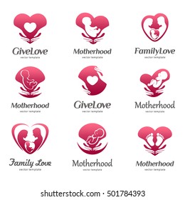 Set Of Logos Of Motherhood, Baby Care, Family Love, Pregnancy, Childbearing