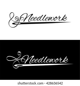 Set logos needlework. The needle and the art manuscript passing into the stylized thread. Vector illustration.