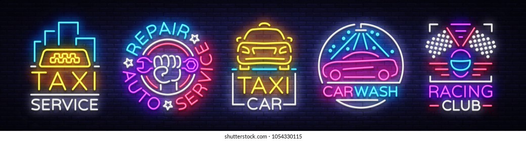 Set logos in neon style Transportation. Design Template, Neon Signs Collection, Auto Service, Garage, Racing Club, Car Wash, Taxi Service, Repair Car. Night light advertising. Vector illustration