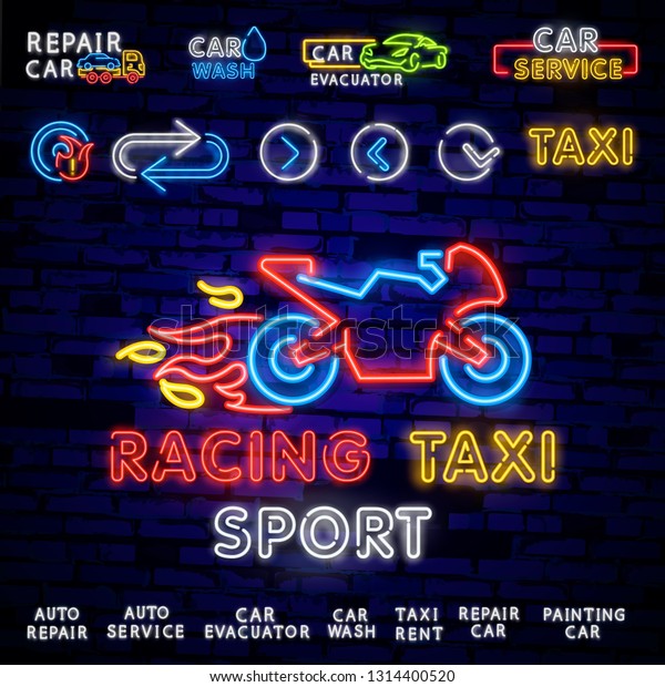Set logos\
in neon style Transportation. Design Template, Neon Signs\
Collection, Auto Service, Garage, Racing Club, Car Wash, Taxi\
Service, Repair Car. Night light\
advertising.