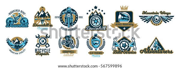 Set of logos on the mountain bike and\
downhill. Helmet, sunglasses, camera, eagle, fly, wings, parts,\
rider, landscape, crown, repair, spare parts, maintenance, service,\
business. Vector\
illustration