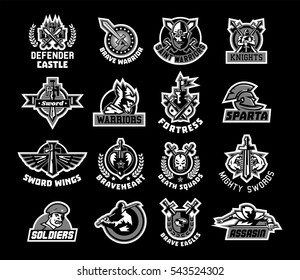 Set of logos on the sword and warrior. Black and white color sticker. Viking, a knight, a Spartan soldier, killer, Paladin, a dagger. Castle, Tower, Fortress, flag. The heart, the eagle, the muscles