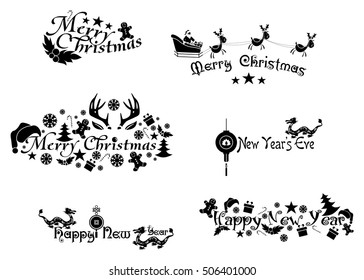 set of logos on the theme of New Year and Christmas.