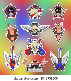 A set of logos on the theme of rock music. Vector color illustration.
