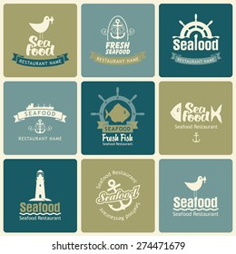 set of logos on the theme of seafood in retro style