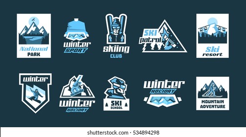 Set of logos on the theme of winter sports. Collection of posters, labels, icons, stamps. Active lifestyle. Snowboarder, skier, equipment, ski goggles. Ski Patrol, winter landscape, mountains, forest