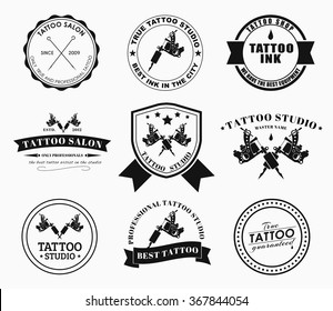 Set of logos on white background for tattoo parlors, shops, studios and artists. Vector illustrations.