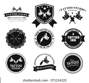 Set of logos on white background for tattoo parlors, shops, studios and artists. Vector illustrations.