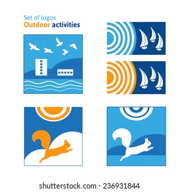 Set of logos Outdoor Activities. Rest, outdoor recreation. Vacation outdoors. Regatta, sailboats. Travel, hike. Vector illustration. 