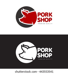 set of logos with a pig, vector simple illustration isolated on white background set of different pork logo, black and red logos about the pork store, cartoon character pigs head
