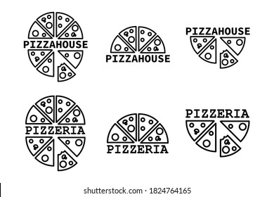 Conjunto de logotipos para pizzería y entrega de pizza en casa. Colección de 6 plantillas vectoriales para logotipos de pizza con letras, etiquetas, emblemas y pegatinas. Pizzería, restaurante y cafetería.