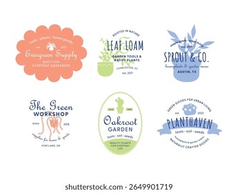 A set of logos for plant stores offering gardening tools, seeds and native plants in a unique corporate style