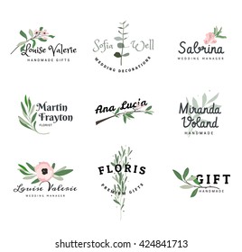 A set of logos with plants for photographers. Signs with flowers for wedding managers.