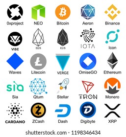 Set of logos popular cryptocurrencies with names of it, vector illustration