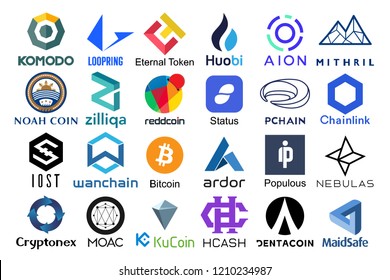 Set of logos popular cryptocurrencies with names of it, vector illustration