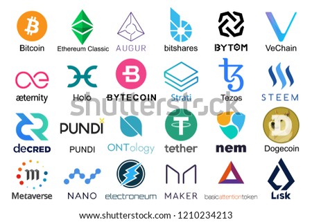 Set of logos popular cryptocurrencies with names of it, vector illustration