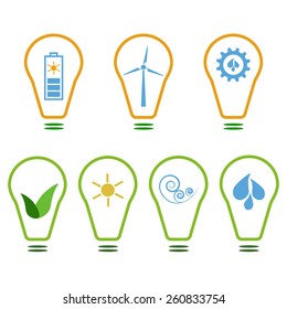 Set of logos presenting eco-friendly energy sources. Sun, wind and water
