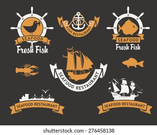 set of logos for restaurants and seafood stores with the image of fish and ships