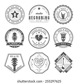 Set Of Logos Rock Music And Recording Studios. Music Design Elements With Font Type And Illustration Vector. Vintage Label Rock Beast ( T-Shirt Print ).