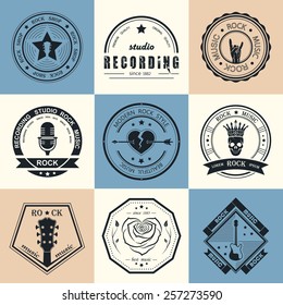 Set Of Logos Rock Music And Recording Studios. Music Design Elements With Font Type And Illustration Vector. Vintage Label Rock Beast ( T-Shirt Print ).