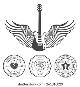 Set of logos rock music and recording studios. Music design elements with font type and illustration vector. Vintage label Rock Beast ( T-Shirt Print ).