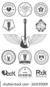 Set of logos rock music and recording studios. Music design elements with font type and illustration vector. Vintage label Rock Beast ( T-Shirt Print ).