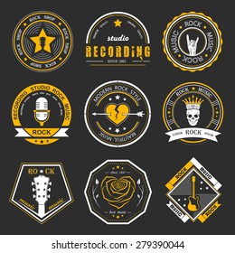 Set Of Logos Rock Music And Recording Studios. Music Design Elements With Font Type And Illustration Vector. Vintage Label Rock Beast ( T-Shirt Print ).