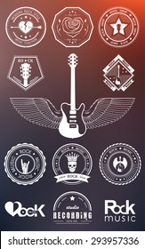 Set of logos rock music and recording studios. Music design elements with font type and illustration vector. Vintage label Rock Beast ( T-Shirt Print ).