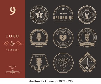 Set of logos rock music and recording studios. Music design elements with font type and illustration vector. Vintage label Rock Beast ( T-Shirt Print ).