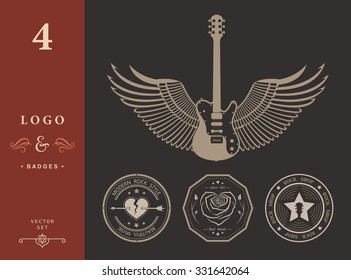 Set of logos rock music and recording studios. Music design elements with font type and illustration vector. Vintage label Rock Beast ( T-Shirt Print ).