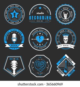 Set of logos rock music and recording studios. Music design elements with font type and illustration vector. Vintage label Rock Beast T-Shirt Print.