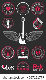 Set of logos rock music and recording studios. Music design elements with font type and illustration vector. Vintage label Rock Beast T-Shirt Print.