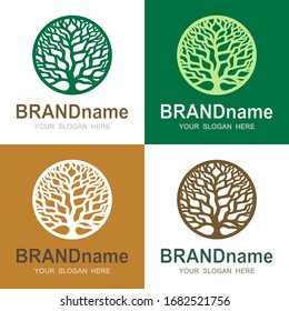 Set of logos with a round tree of life. Green branches without leaves and trunk. Eco icon, sign, symbol, brand identity for business, organic products, natural healthy foods, environmental projects.