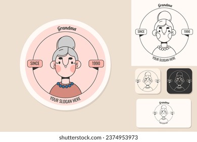 Set logos of a senior elderly woman isolated.Colored and black-white flat vector logos of a gray-haired person.Different colors,stickers,branding card