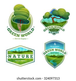 Set of logos, signs, badges with nature, landscape, trees. Cartoon style. Vector. Place for your text.