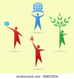 Set of logos with a silhouette of the person. Fire. Earth. Tree. Vector element of graphic design