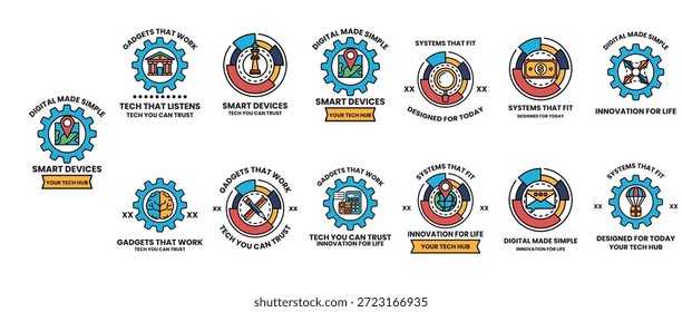 A set of logos for smart devices. The logos are all different but have a similar theme. They all have a gear in the center and are colorful
