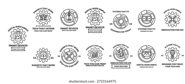 A set of logos for smart devices. The logos are all different but have a similar theme. They all have gears and are black and white