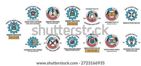 A set of logos for smart devices. The logos are all different but have a similar theme. They all have a gear in the center and are colorful