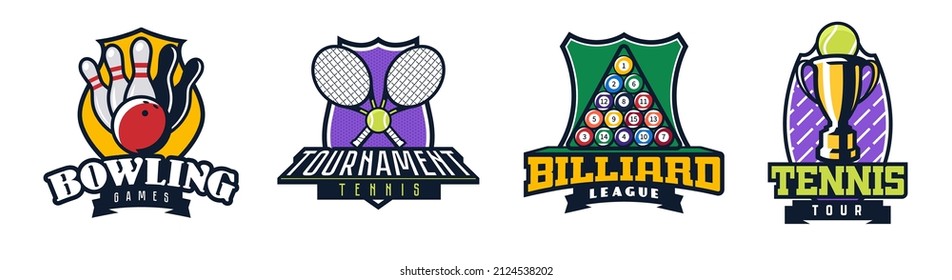 Set of logos of sports tournaments. Emblems of bowling games, tennis tournament, billiards league, tennis tour. Sport competition logo template. Vector illustration isolated on white background