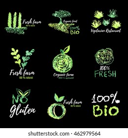 Set of logos, stamps, badges, labels for natural products, farms, organic,bio,vegan.Restaurant menu logo.Stock vector