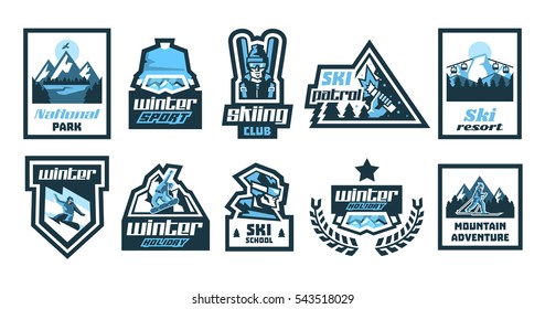 Set logos, stickers, posters on the theme of skiing, winter holidays, extreme sports, snowboard. Isolated objects on the background. Mountain, forest, river, eagle, sun, skier, glasses, jacket, hat.