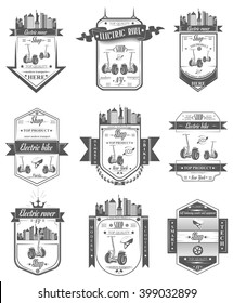 A set of logos for store. Two wheeled self-balancing big electric scooter, bike with handles. Set of logos a modern and fashionable eco-friendly transport.  Sign, icons and emblems.