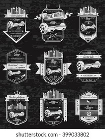 A set of logos for store. Two wheeled self-balancing mini electric scooter Board, platform bike without handles. Set of logos a modern and fashionable eco-friendly transport.  Sign, icons and emblems.